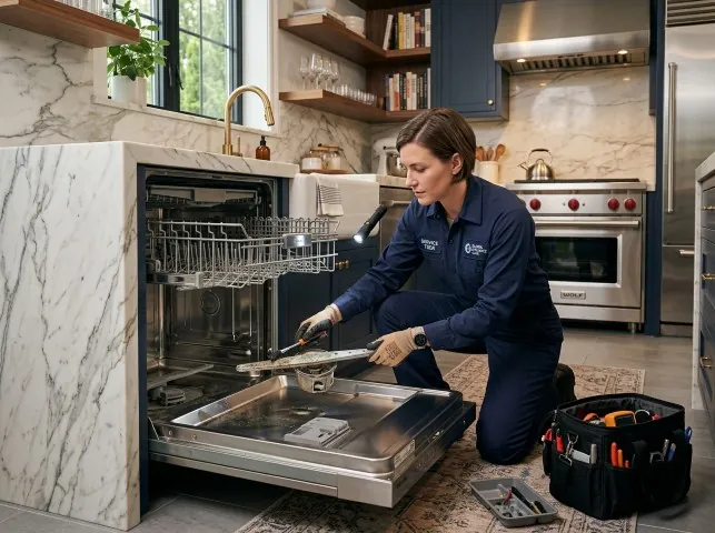 Appliance Repair Hero technician servicing a built-in dishwasher in a Bearsville, NY kitchen