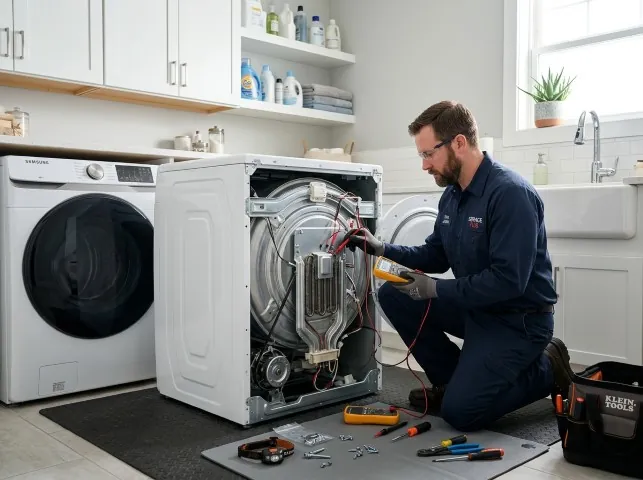 Appliance Repair Hero technician checking a dryer heating element with the rear panel off in Bearsville, NY