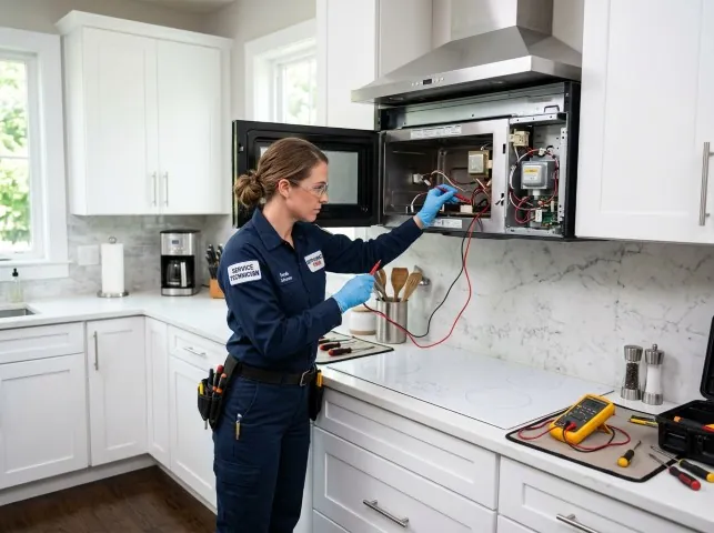 Appliance Repair Hero technician testing an over-the-range microwave in a Bearsville, NY kitchen
